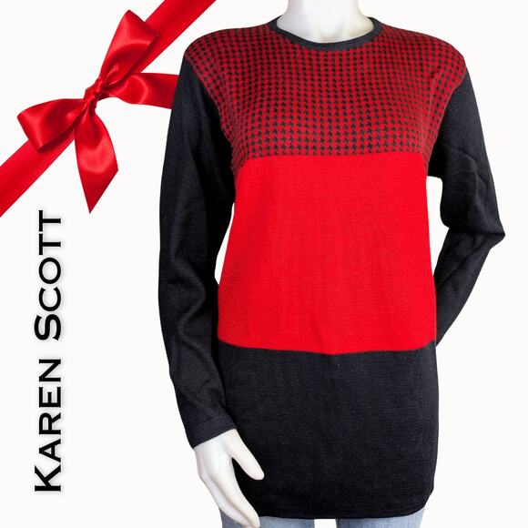 Karen Scott Colorblock Black Red Houndstooth Crewneck Holiday Sweater Size Large - Picture 1 of 9